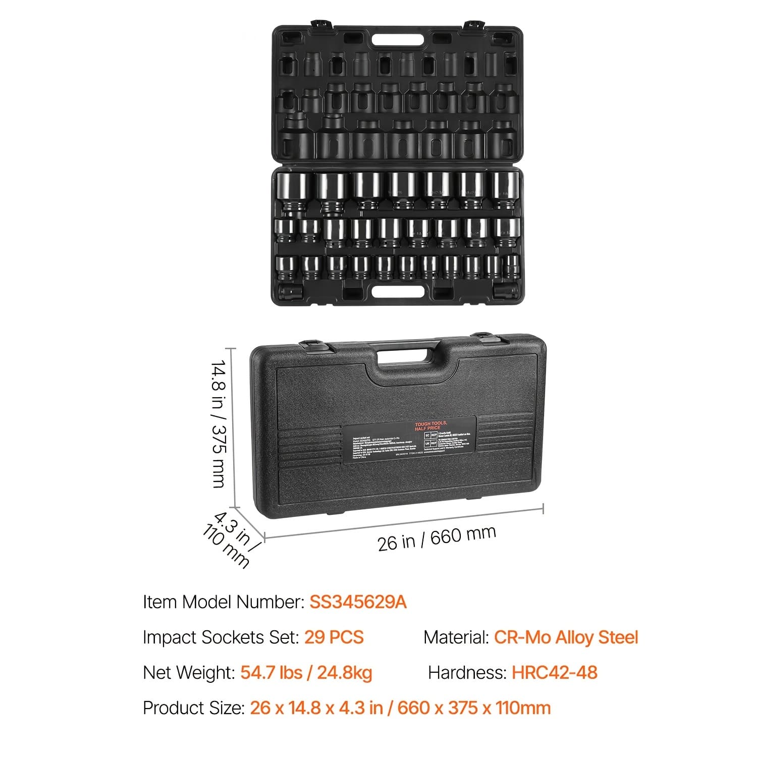 TEMU Happybuy 3/4 Inch Impact Socket Set, 29 Components, 6-point Sockets, Cr-mo Material, Sae /4" To 2-1/2", With Storage Container
