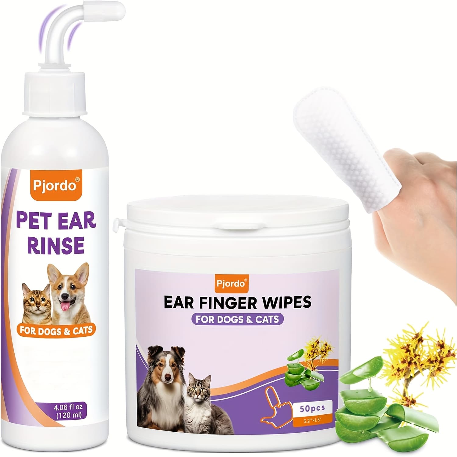TEMU Pet Ear Cleaner Kit - 50pcs Dog Ear Finger Wipes And 120ml Ear Cleaner Solution For Dogs And Cats, Ear Wax & , Ears, Gentle