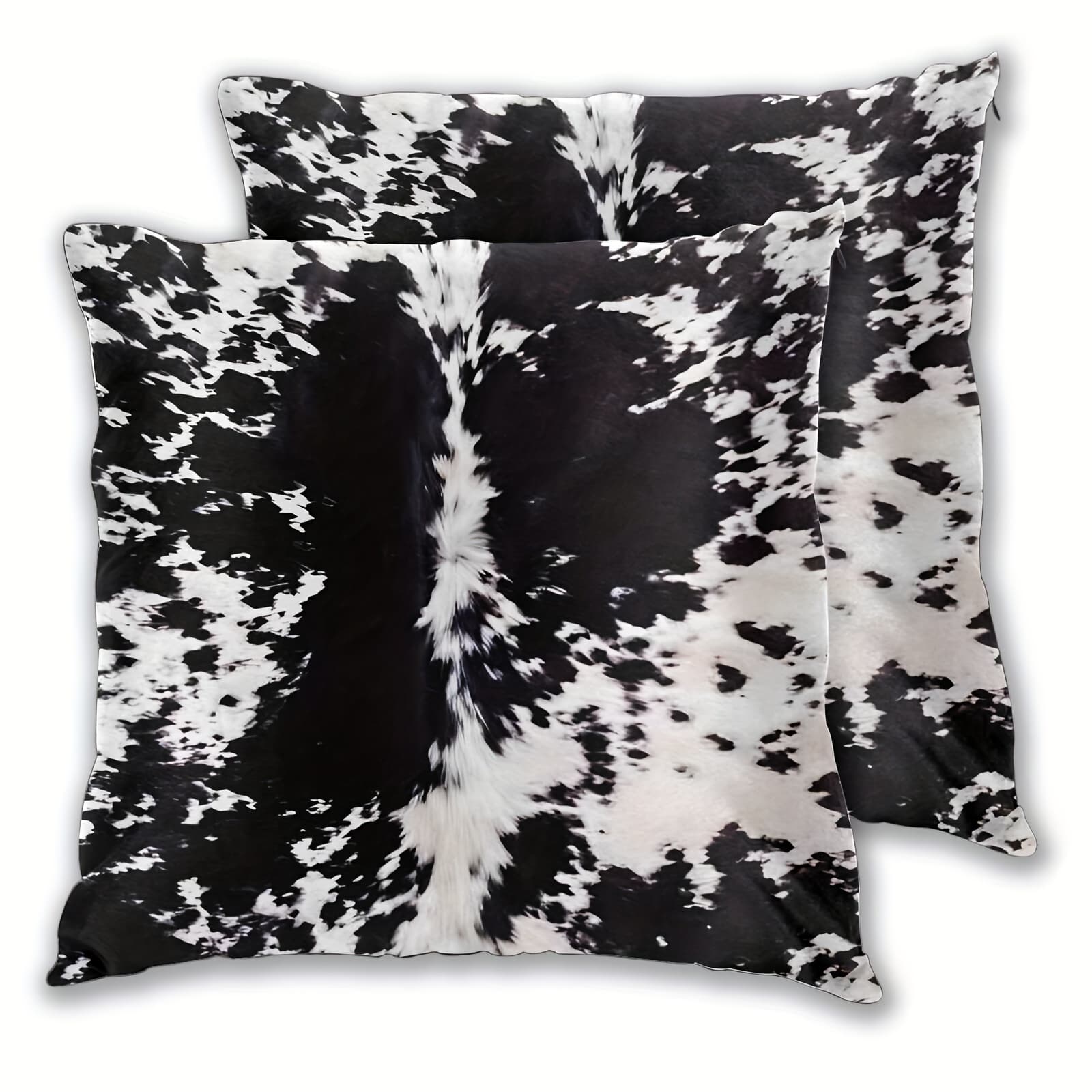 TEMU 2pcs Short Plush Cowhide Print Throw Pillow Cover Black & Spots Pattern Printed Farmhouse For Sofa Couch 18x18 Inches (no Pillow Core)