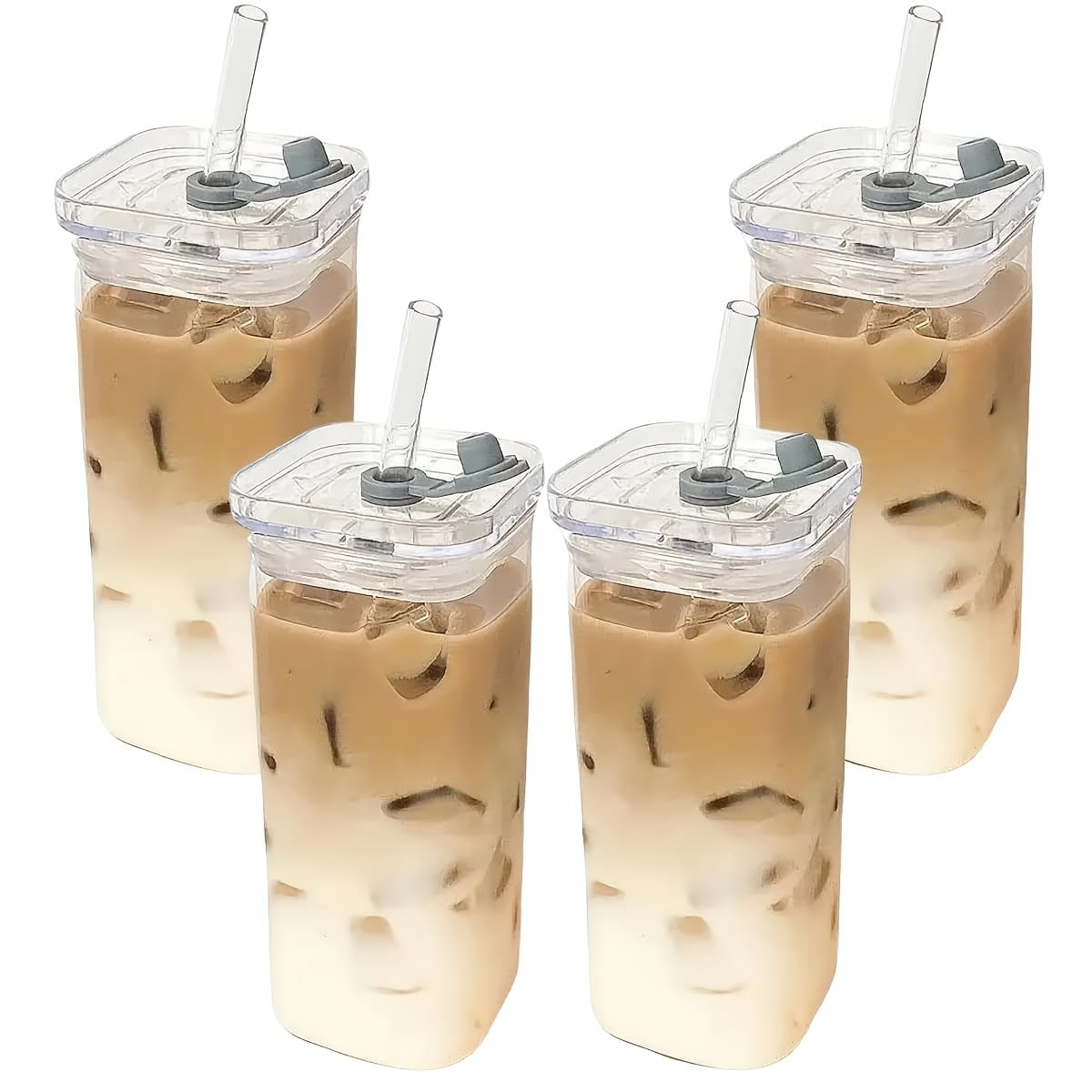 TEMU 4/6/8pcs Square Glass Cups With Lids, 13oz, Cups, Straws, Gift For Cup Collectors, Great For Office, Home, School, And Outdoor Use, Weddings, Bpa-free, Comes With Cleaning Brush Tool