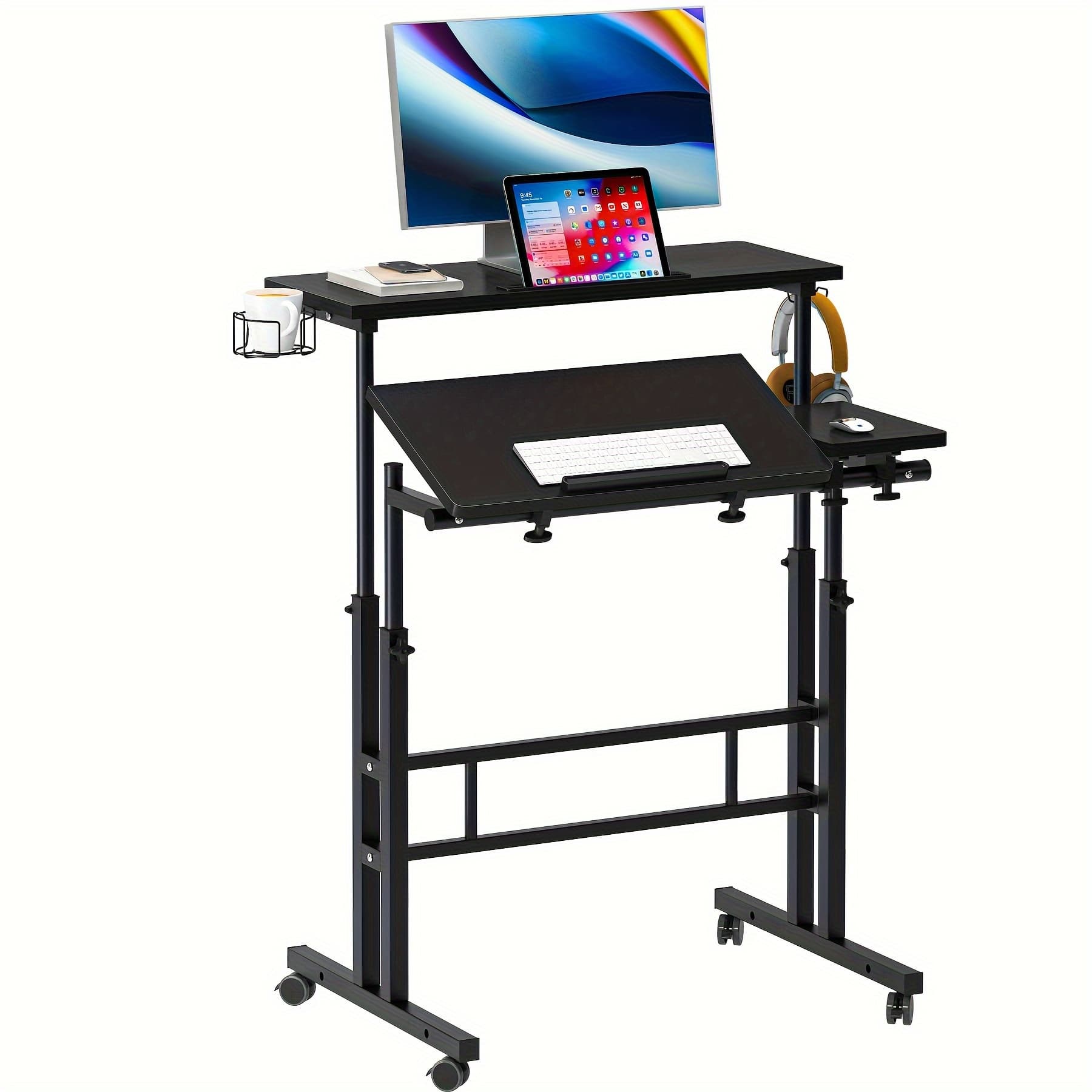 TEMU Soges Portable Standing Desk Adjustable Height, Portable Computer Desk For Home Office, Rolling Laptop Desk With Removable Cup Holder, Laptop Cart For Sitting Or Standing