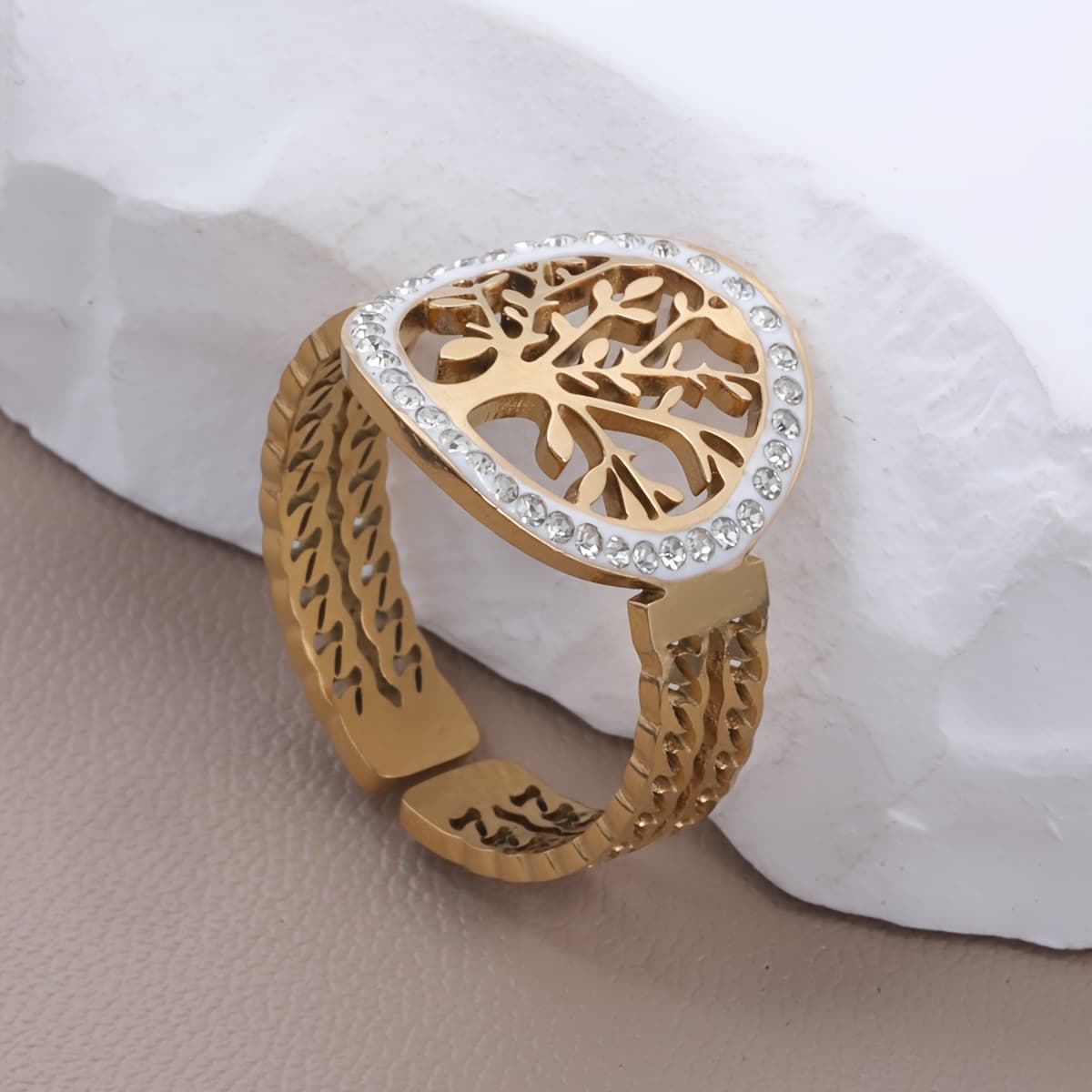 TEMU 1pc Women's Ring, With Fashionable Openwork Design, Popular Stainless Steel Jewelry Featuring A Vibrant Tree Of . Ideal For Birthday Parties, Holidays, Gifts, And High-end Accessories
