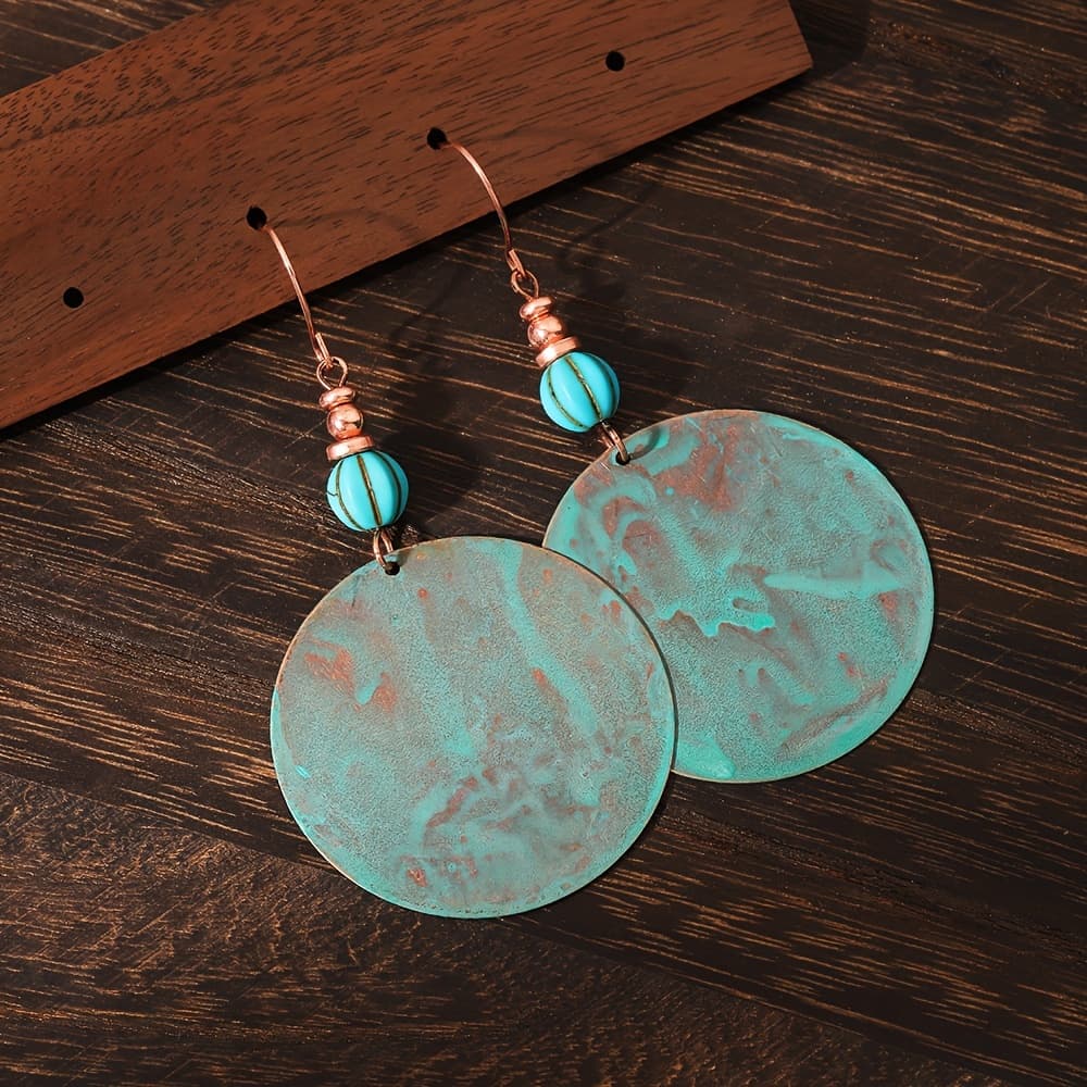 TEMU 1 Pair Vintage Boho Style Turquoise Alloy Disc Earrings With Iron Hooks, Creative Round Pendant Dangle Earrings For Women, Ideal For Daily Wear & Gift-, Jewelry