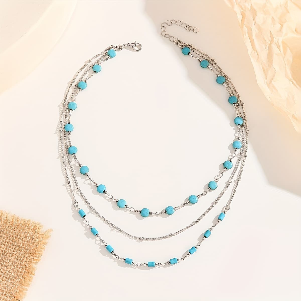 TEMU Bohemian Style Three-layer Turquoise Beaded Necklace Lightweight Vintage Collarbone Chain Simple High-end Jewelry For S