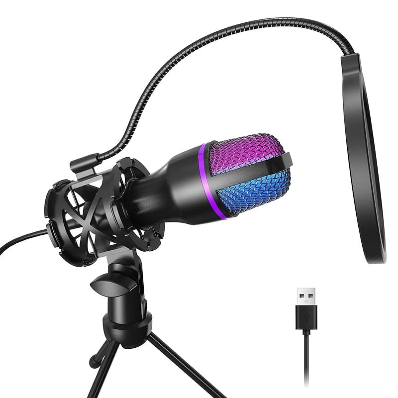 TEMU Rgb Gaming Microphone With Tripod And Pop Filter - Studio Quality Usb Mic For Twitch/youtube//meetings