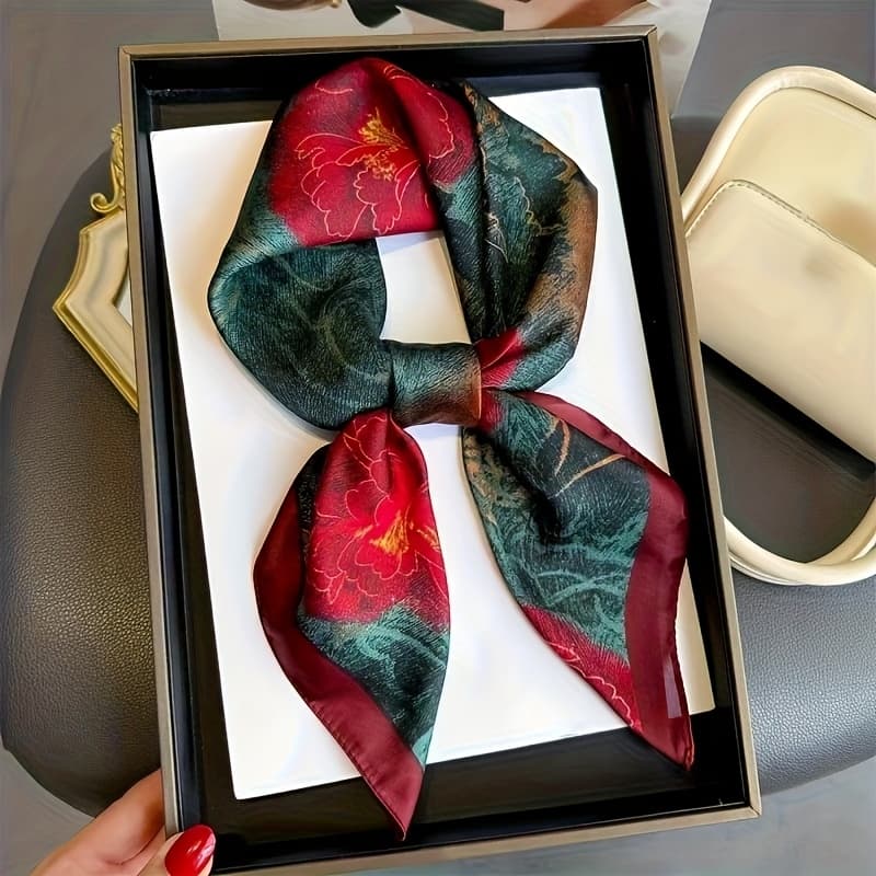 TEMU Retro Printed Scarf For Women - Soft Lightweight Red Printed Headscarf With Golden Accents, Multi-functional Neck Accessory And Casual Travel Headscarf, Casual | Retro Print | Texture, Headband