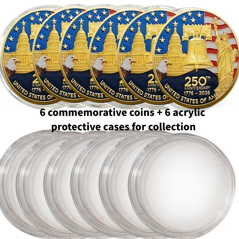 TEMU 12pcs Set[6 Commemorative + 6 Acrylic Protective Cases] 2026 U.s. 250th Anniversary Commemorative Coin Set- Replica From 1776-2026, Comes With A Plastic Case And Eagle-shaped Challenge Coin Badge