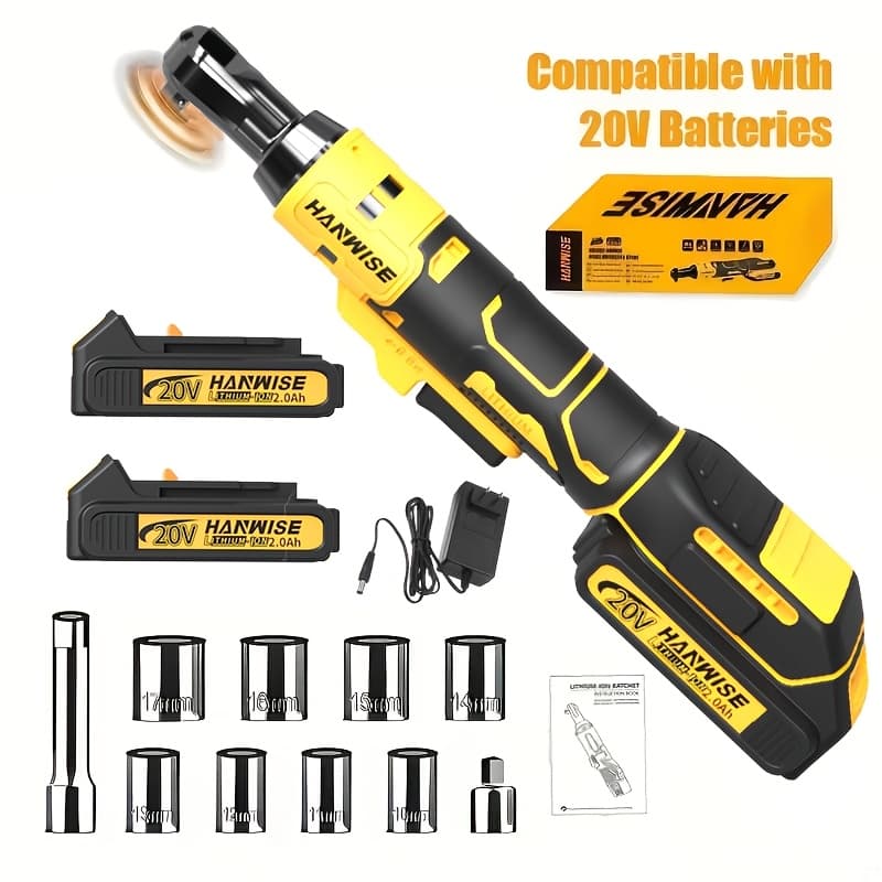 TEMU Hanwise 20v Cordless Electric Ratchet Wrench Tool Set, 60 Foot , 400 Rpm, 3/8 "drive & 1/4" Adapter, With 2 Batteries And Charger, Suitable For Car Repair And Maintenance, Home Diy, Construction