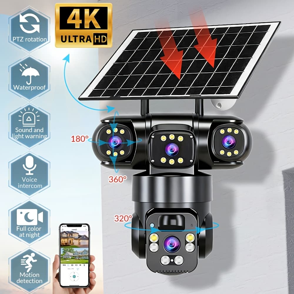 TEMU 4k Solar-powered Outdoor Security Camera | 2.4g Wifi, Ptz, [10x Zoom] 360-degree Low-power Cctv Solar Panel Battery Wifi Camera With Color Night Vision, Voice For Home/business/driveway/