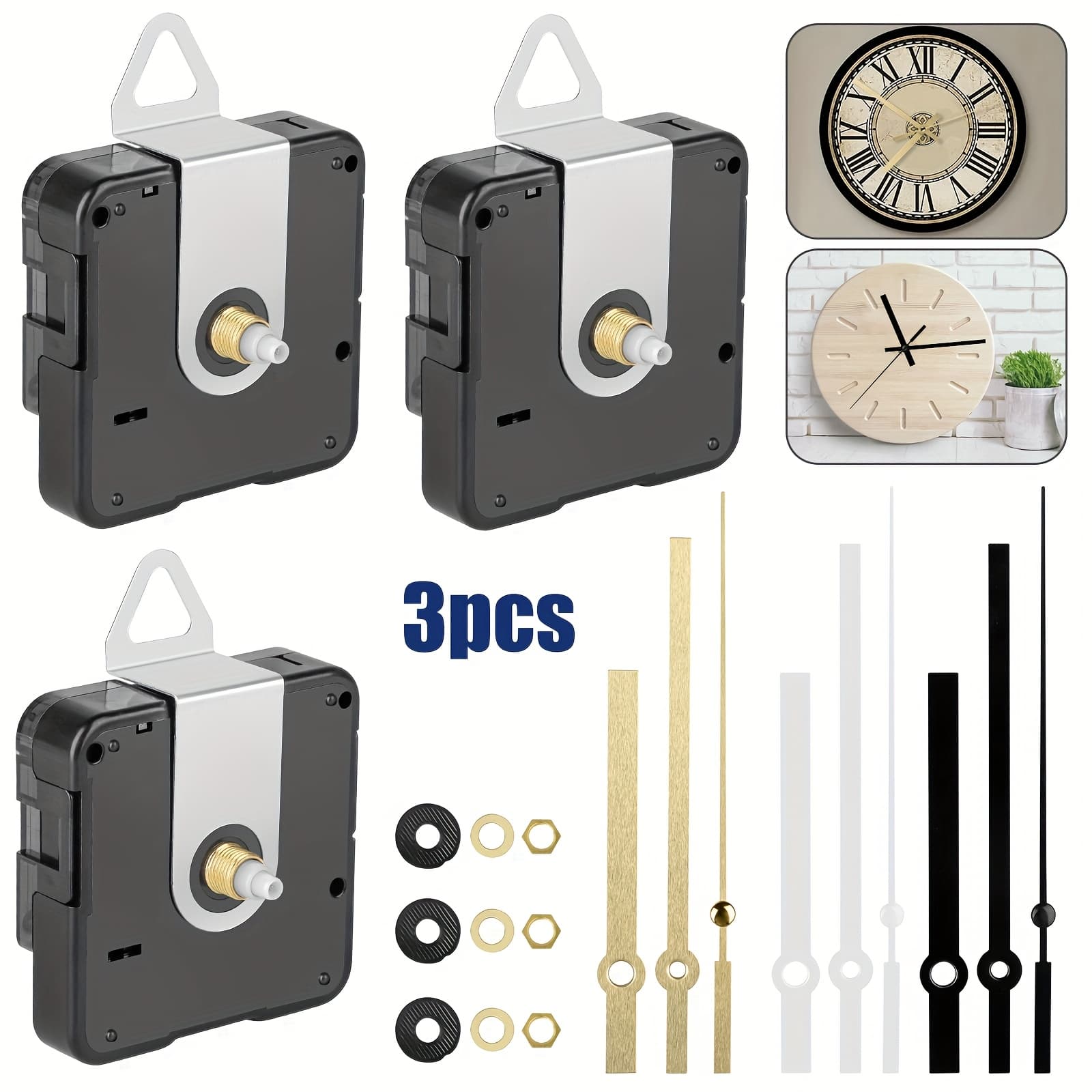 TEMU 3pcs Clock Movement Kit With Metal Hands, Clock Repair Kit With Silent Sweeping Seconds, Replacement Parts With Low- For Clocks And Crafts