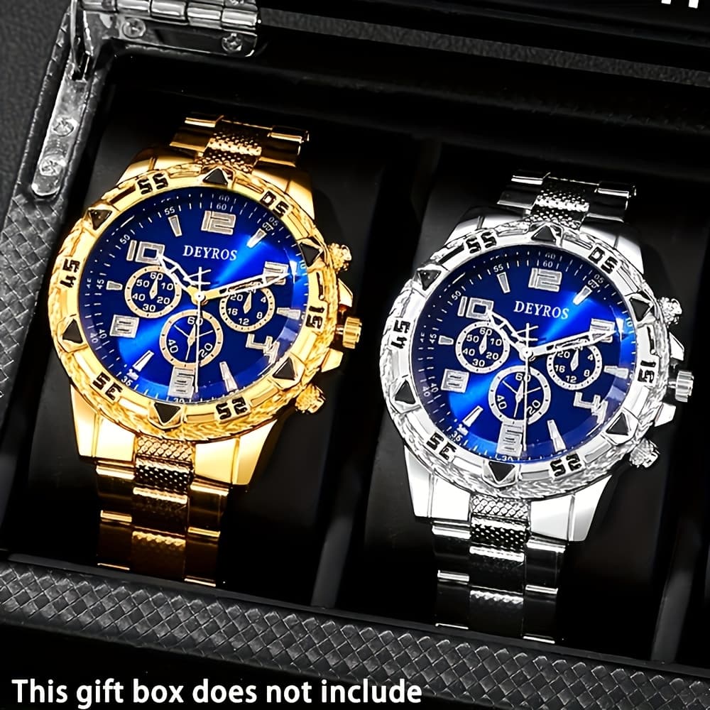 TEMU 2pcs Men's Quartz Watches Business Casual, Stainless Steel Strap Blue Dial Interchangeable Straps For Daily Wear, Birthdays Holidays - Perfect Gift For Him, Watch Additions