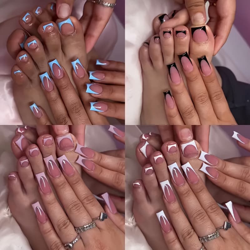 TEMU 192pcs Long Square Press On Nails & Toe Nails Set With French Tips - Glossy Full Cover Manicure & Pedicure Kit, /color Options Suitable For Women, Parties, Vacations, Everyday