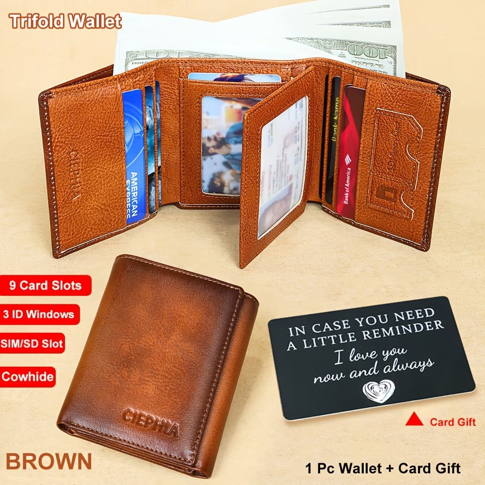 TEMU Men's Genuine Leather Bifold/trifold Wallet, Cowhide Rfid Blocking Vintage Wallet, Multi Function Credit Card Holder, Money Clips Gifts For Him Father's Day/valentine's Day/anniversary Gifts