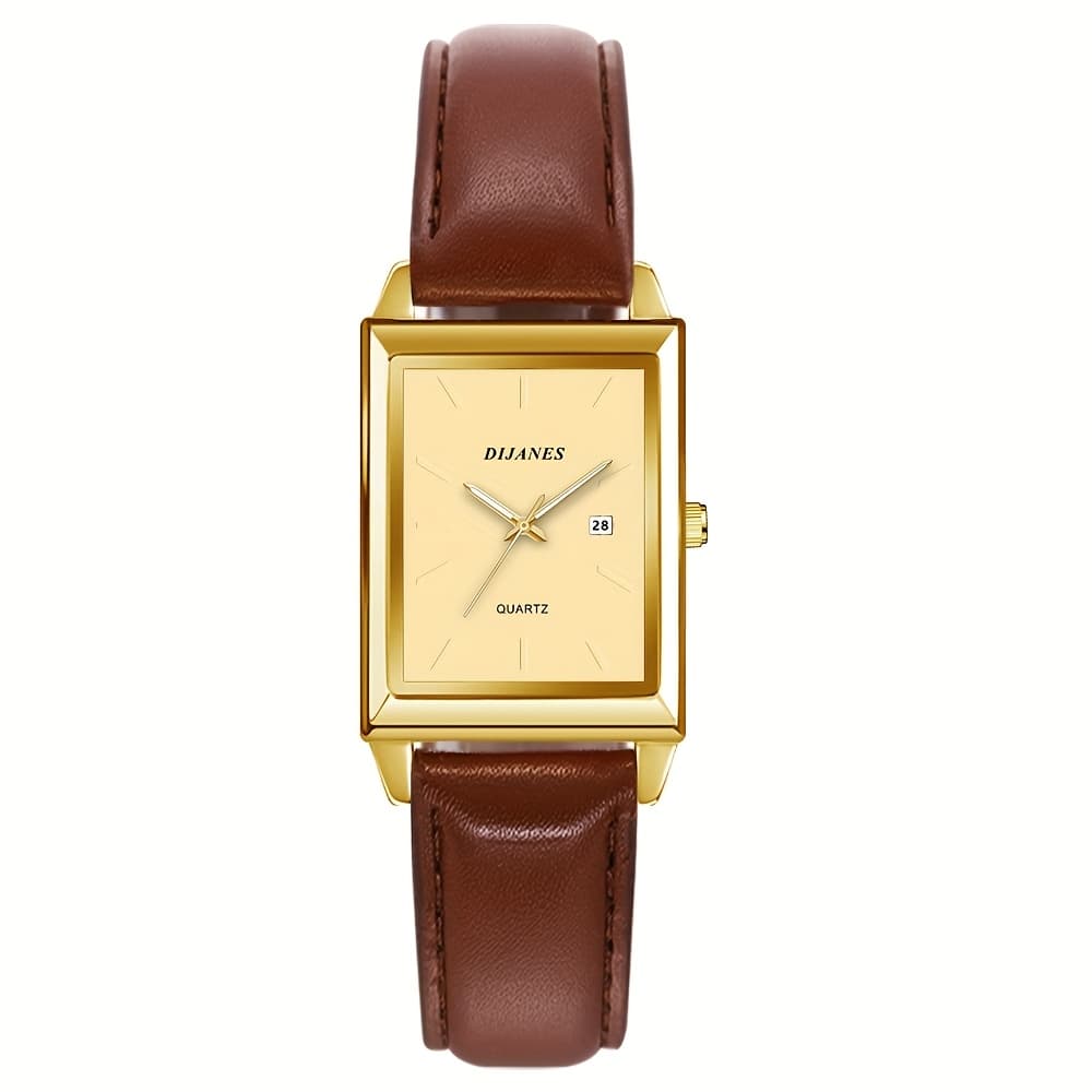 TEMU Elegant Golden And Brown Strap Watch For Men, Perfect For Business