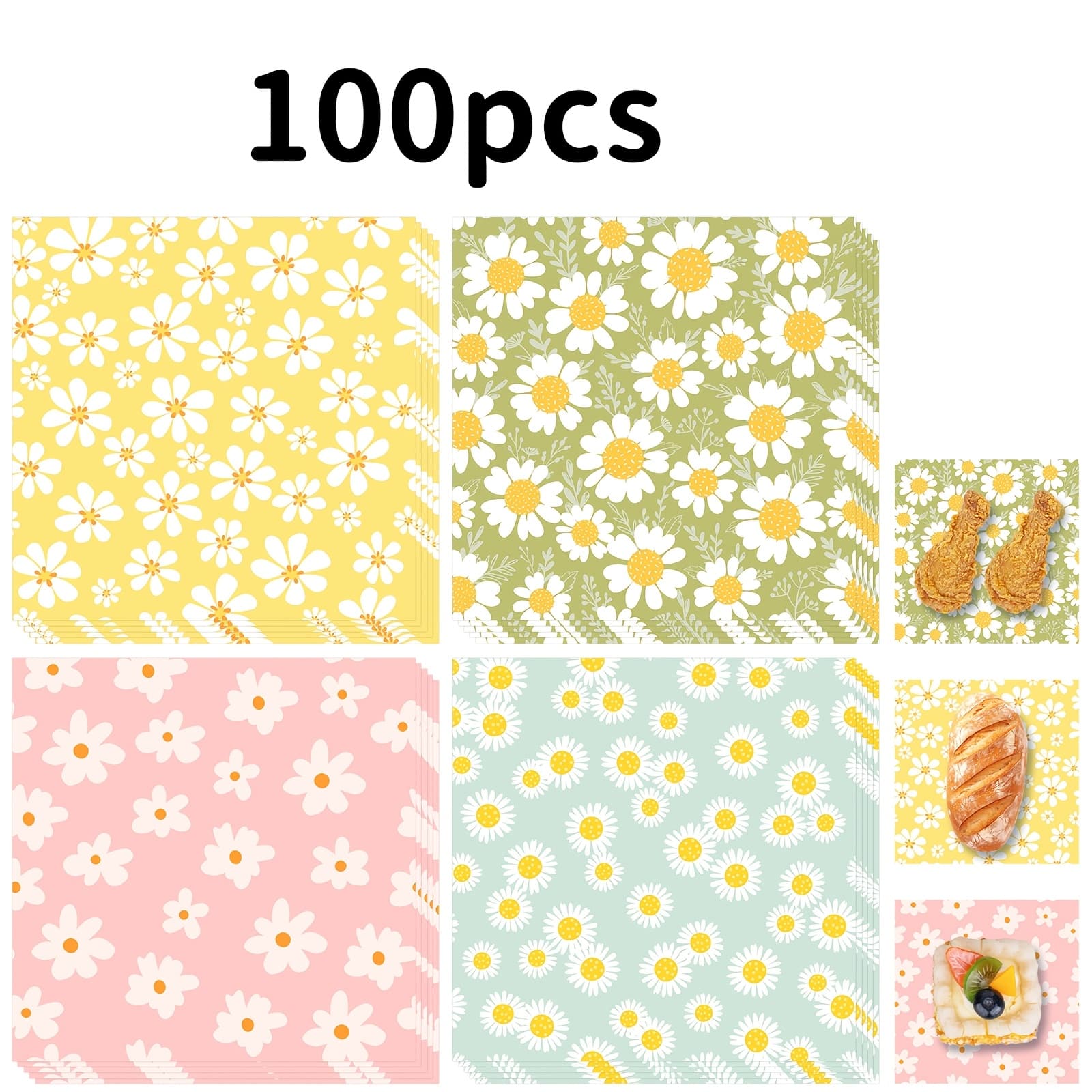 TEMU 100/200pcs Bread Greaseproof Paper, 18*18cm, Spring With Daisy And Other Flower Patterns, Suitable For 's Day, New Year, Valentine's Day, Weddings, And Other Party Occasions