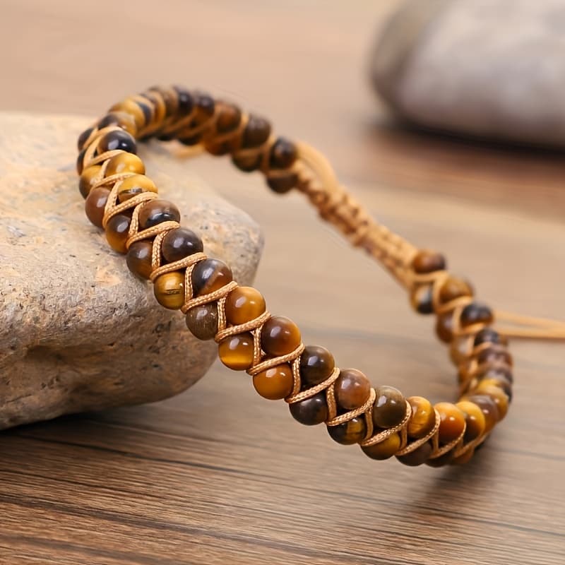 TEMU Adjustable Handmade 4mm Tiger Eye Stone Women's Bracelet - Vintage Bohemian Style, Double Layer Braided Design, With Earthy Aesthetic, Suitable For Vacation And Casual Wear, Tiger Eye Jewelry