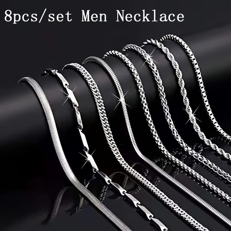 TEMU Set Of 8 Men' Steel Necklaces, Fashionable And Long-lasting Chains, Casual Hip Hop Style, Ideal Present For , Features Cuban And Twisted Chains, Great For , , Father's Day, And Birthday Gifts