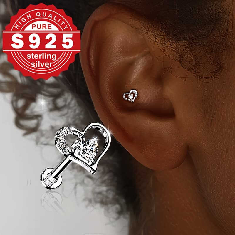 TEMU Lady 925 Silver Heart-shaped Nose Stud Earrings, Synthetic Zirconia , Screw , Low Allergy, Valentine's Day Gift, Party And Music Festival Jewelry