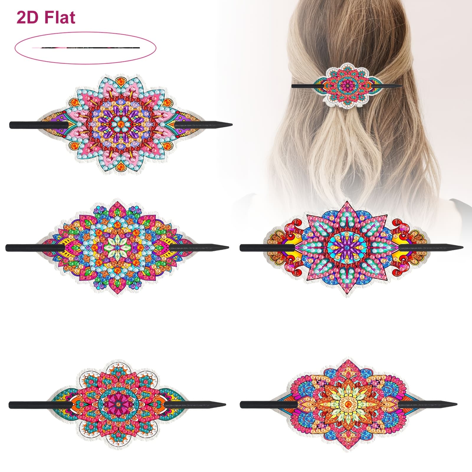 TEMU 2d Flat, 5pcs Diamond Painting Kit, Elegant Floral And Bow Hairpins, For Festivals, Parties And Daily Wear, Women's Elegant Hair Bun Additions