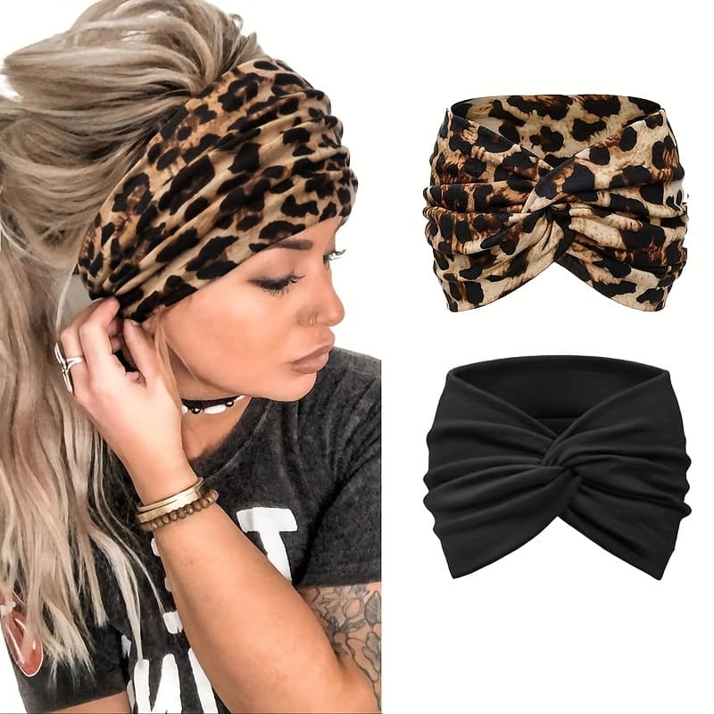 TEMU 2pcs Set/women's Non-slip Knotted Wide Headband, Bohemian Style Soft And Comfortable Leopard Print Hairband For Yoga, Workouts, Running, Sports, And Daily Headscarf Accessories
