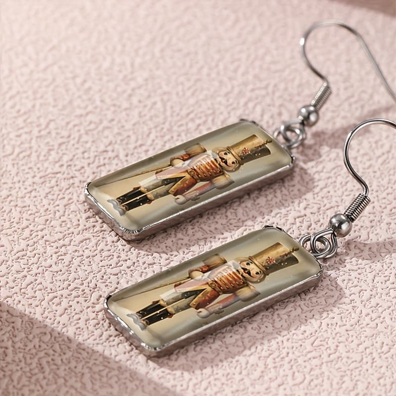 TEMU Christmas Nutcracker Illustration Rectangular Hook Pendant Earrings Glass Jewelry Earrings Men's Jewelry Gifts