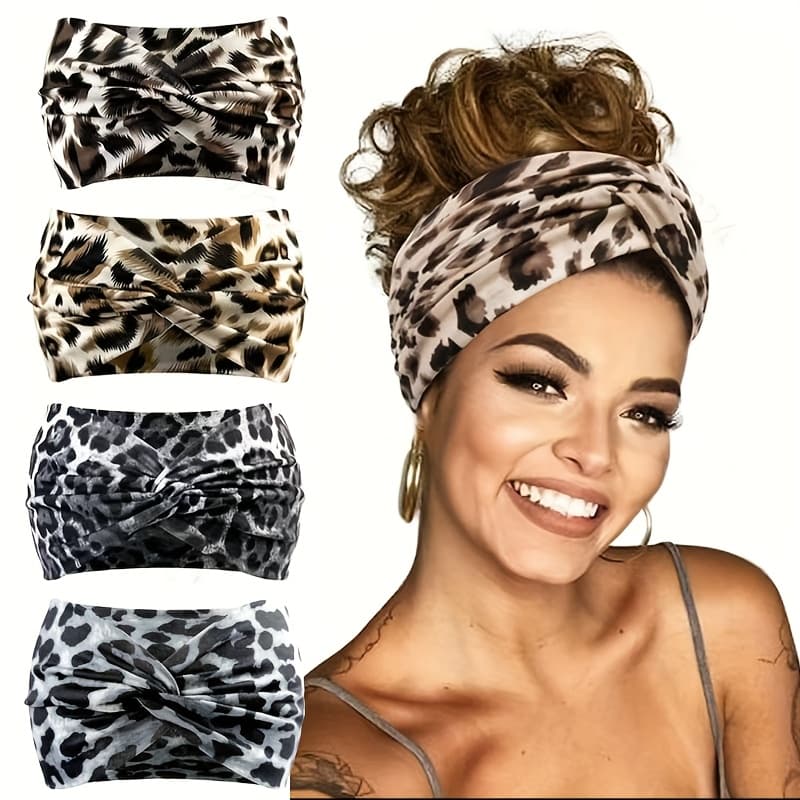TEMU 4-pcs Women's Athletic Headbands – Elastic Sweat-absorbent Hairbands With Leopard Print, Suitable For Running, Yoga, And Fitness, Hairstyles, Short Hair Headband