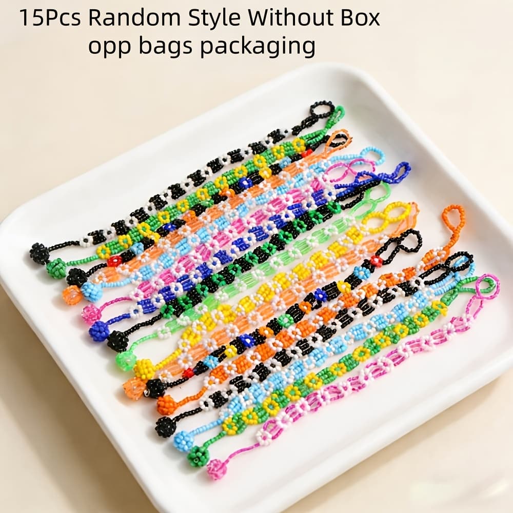 TEMU 15pcs Fashionable Bohemian Ethnic Style Rice Bead Bracelets, Hand Woven Bracelets With Colorful Flowers, Beaded Bracelets, Women's Accessories Opp Bagged Random Shipment