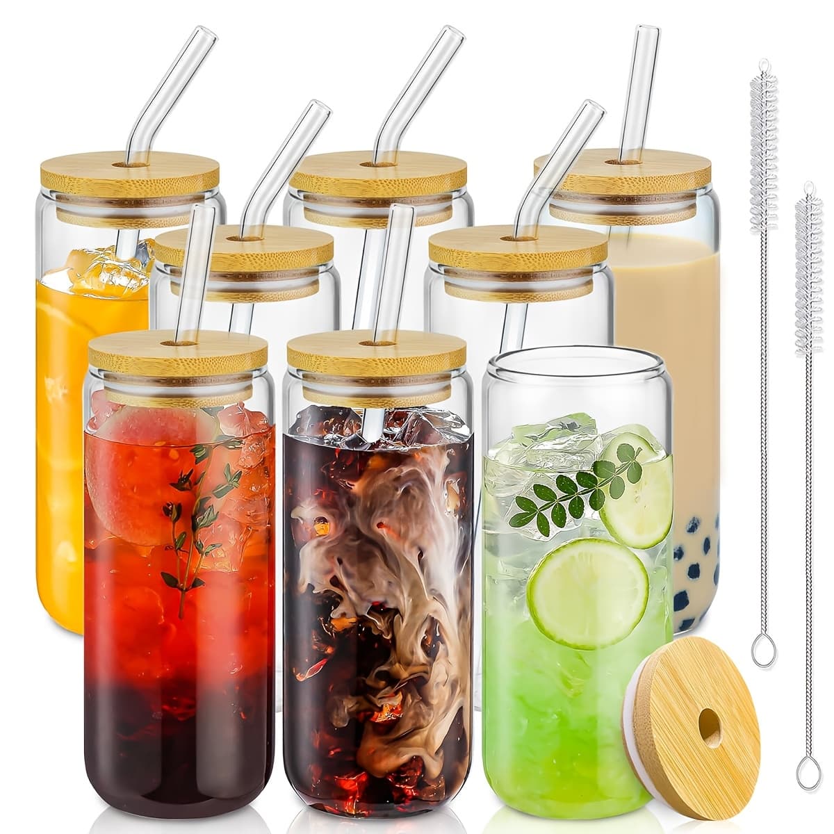 TEMU 4/8pcs Set With Lid Glass Cup, 20oz Coffee Cup With Lid And Straw, Mason Jar Mug, Iced Coffee Cup, Glass Cup With Bamboo Lid, Reusable Cup, Holiday Gift, Souvenir, Outdoor Party Glass Cup