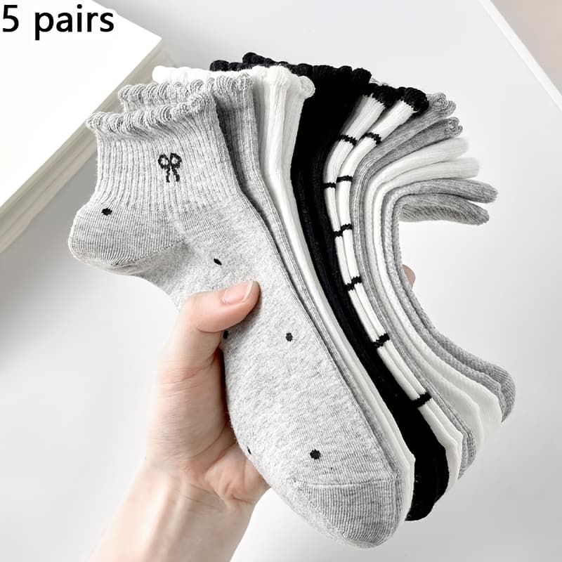 TEMU 5-pack Women's Bowknot And Polka Dot/striped Ankle/mid-calf Socks - Breathable No Show Socks For Everyday Wear, White And Black, Machine Washable