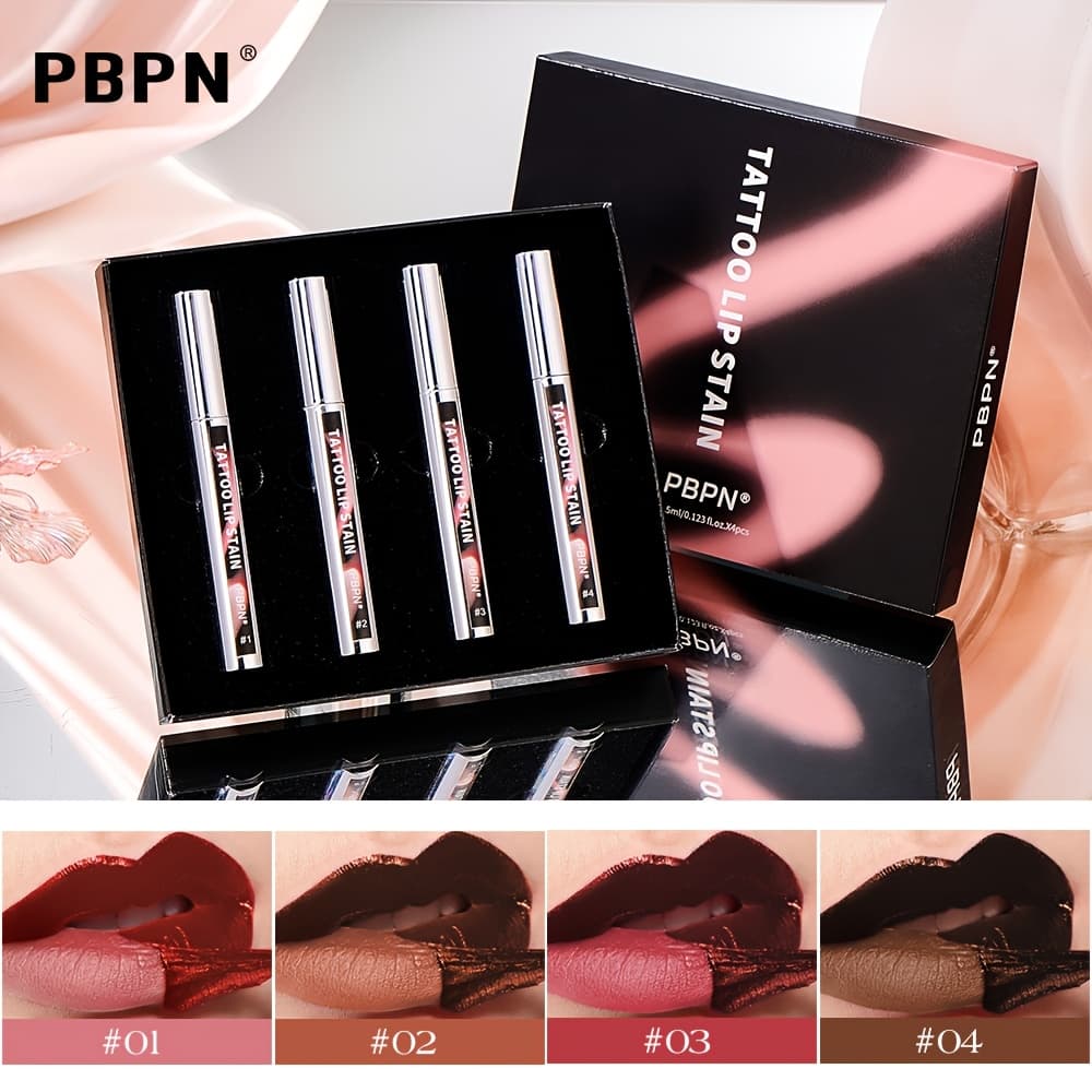 TEMU Pbpn Tattoo Lip Gloss 4-sets Moisturizing Four- Lip Gloss Long-lasting Waterproof Glossy Development Gentle Formula Easy To Apply And Lipstick Makeup