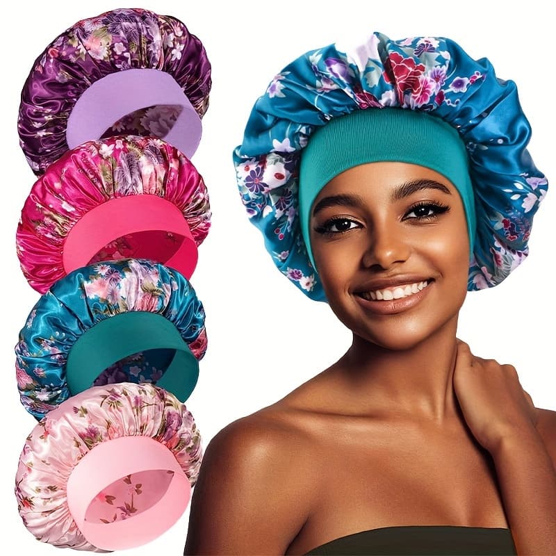 TEMU 4pcs Set Of Wide-brimmed Satin Printed Sleep Caps For Beauty And Hair Care