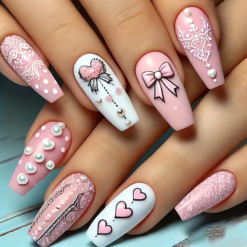 TEMU 24pcs Pack Wearable Nail Plate Bow Pattern Pearl Studded Ballet Style Pattern Glossy Style Nail Finished Product, Suitable For Women And