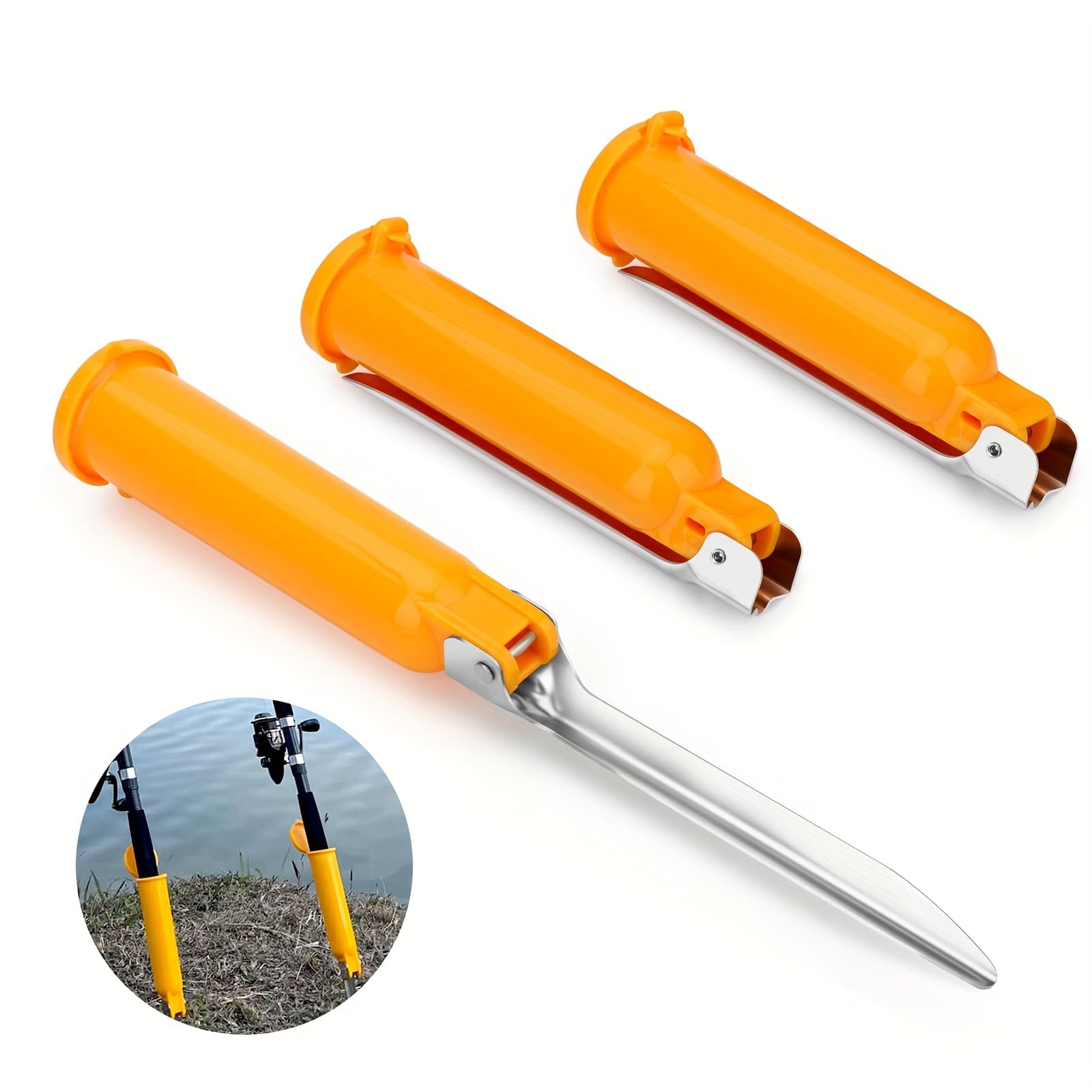 TEMU 3pcs Portable Fishing Rod Grounding Bracket, Stable Secure Foldable Ground Spike Stand, Fishing Pole Stainless Steel Holder Sea Pool , Practical Outdoor Fishing Accessories Gift For Angler