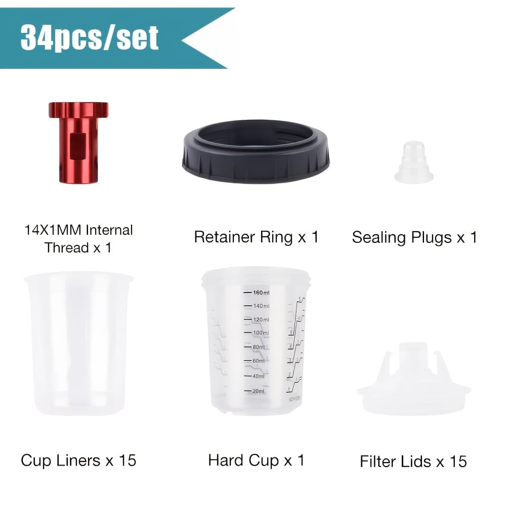 TEMU 34pcs/set 160ml Disposable Paint Spray Gun Cups Liners And Lid System And 1 M14*1.0 Adapter, Professional Replaceable Non-washing Paint Sprayer Mixing Cup, Suitable For Car Spray Painting