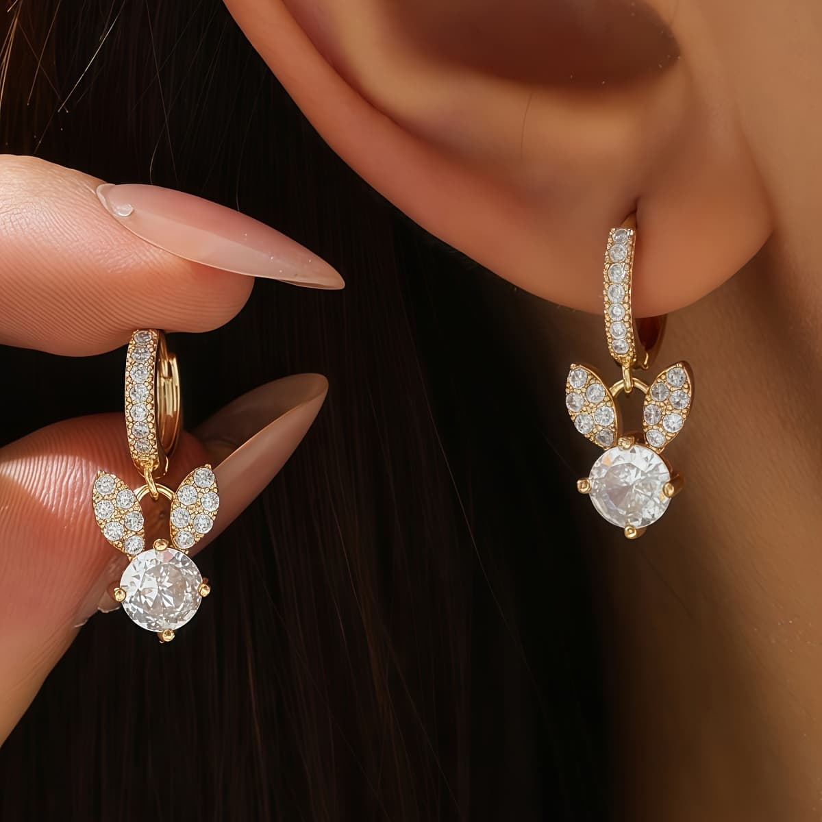 TEMU 1 Pair Of Elegant Fashion Hoop Rabbit Pendant Copper Earrings With Shiny Synthetic Synthetic Zirconia, Suitable For Women' Wear, , And Parties