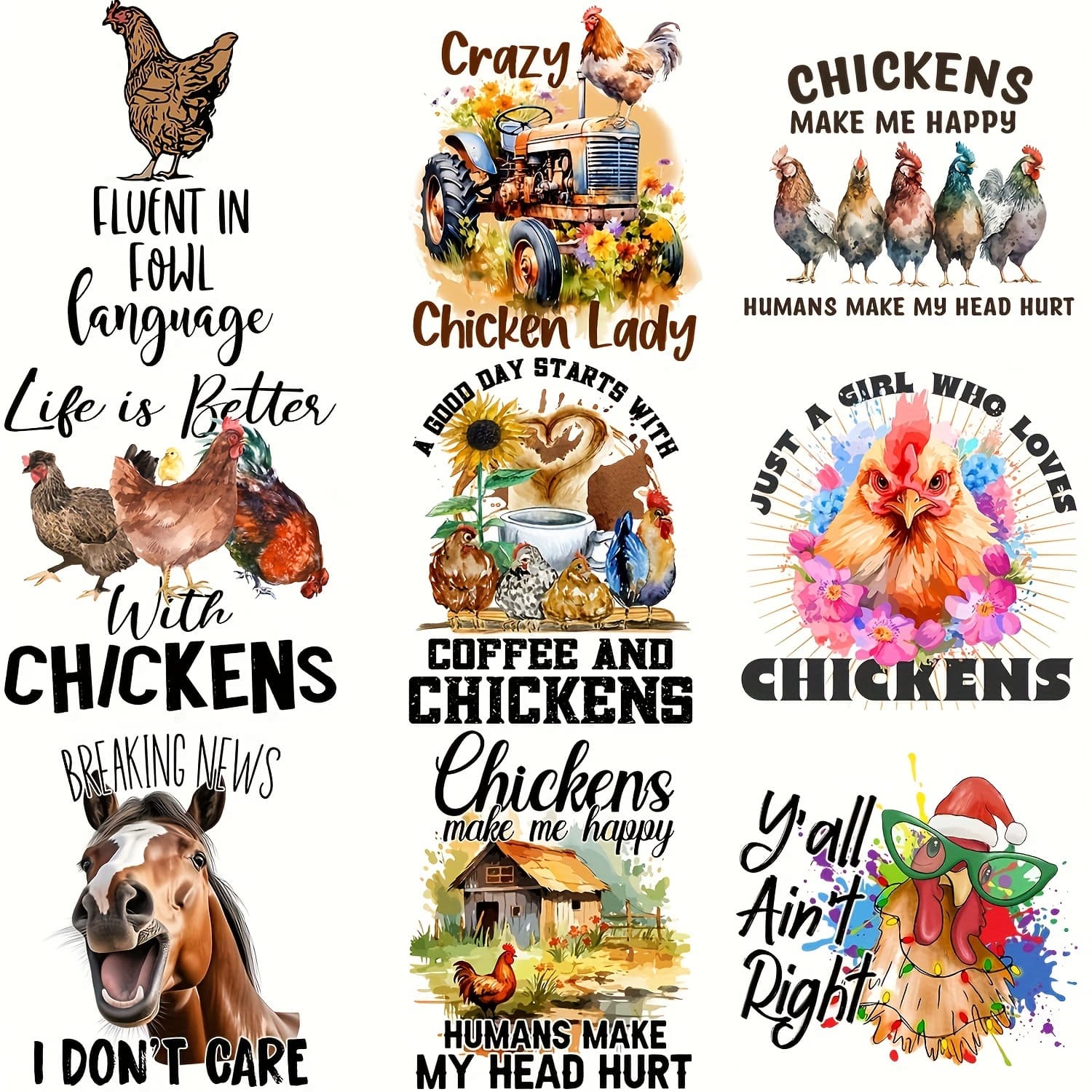 TEMU 9pcs Vibrant Farm Chicken Iron-on Transfer Stickers - Mixed Color Vinyl Heat Transfer Decals For , T-shirts, Denim Jackets, Masks, Denim, And Backpacks