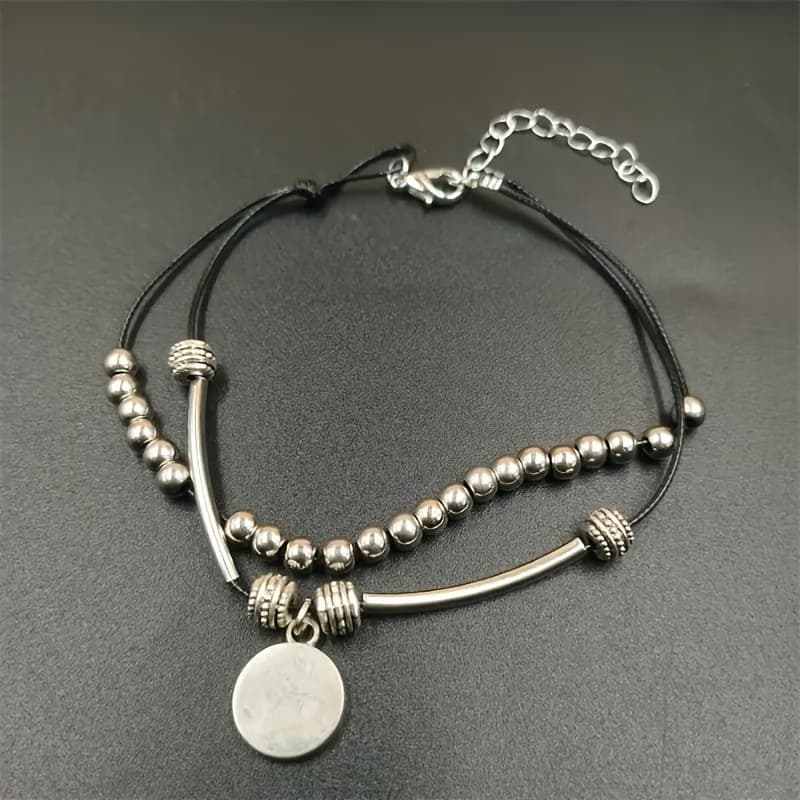 TEMU Bohemian Ethnic Style Double Layered Leather Rope Geometric Beaded Ankle Chain, Easy And Fashionable Charm Beach Jewelry, Adjustable Size Ankle Chain For Women
