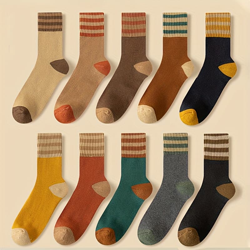TEMU 20 Pairs Of Warm Colored Striped Looped Winter Mid-calf Socks, Thick Floor Socks, Vibrant And Comfortable Plush Socks For Outdoor Cold-weather Sports With Elastic Gusset