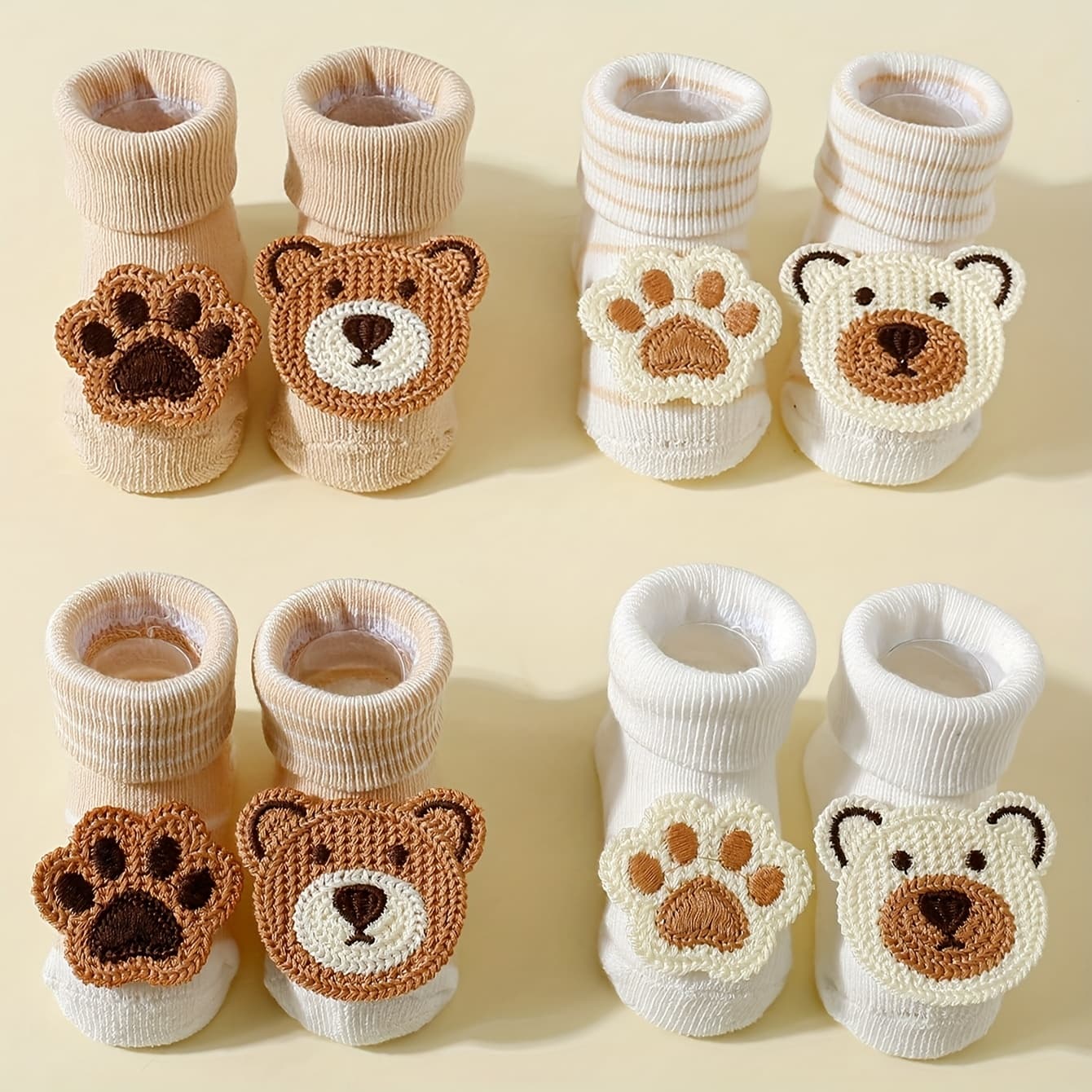 TEMU 4-pack Children's Floor Socks, Newborn Baby Warm Non-slip Cartoon Bear Mid-calf Socks