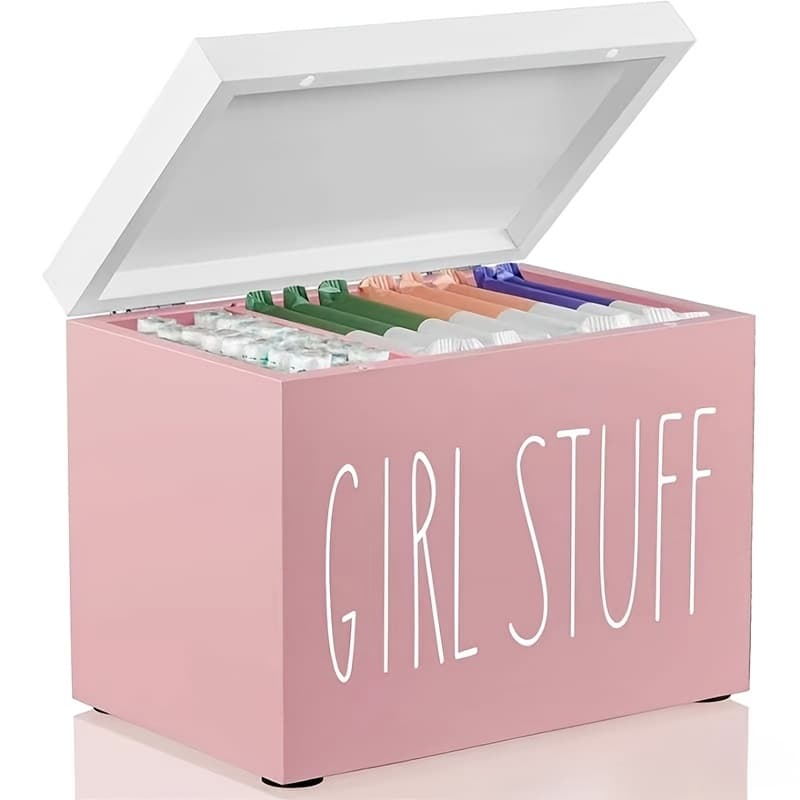 TEMU Stylish French Country Wooden Bathroom Organizer With Lid - Storage Box For Girl's Essentials, Tampons & Accessories, Removable Dividers