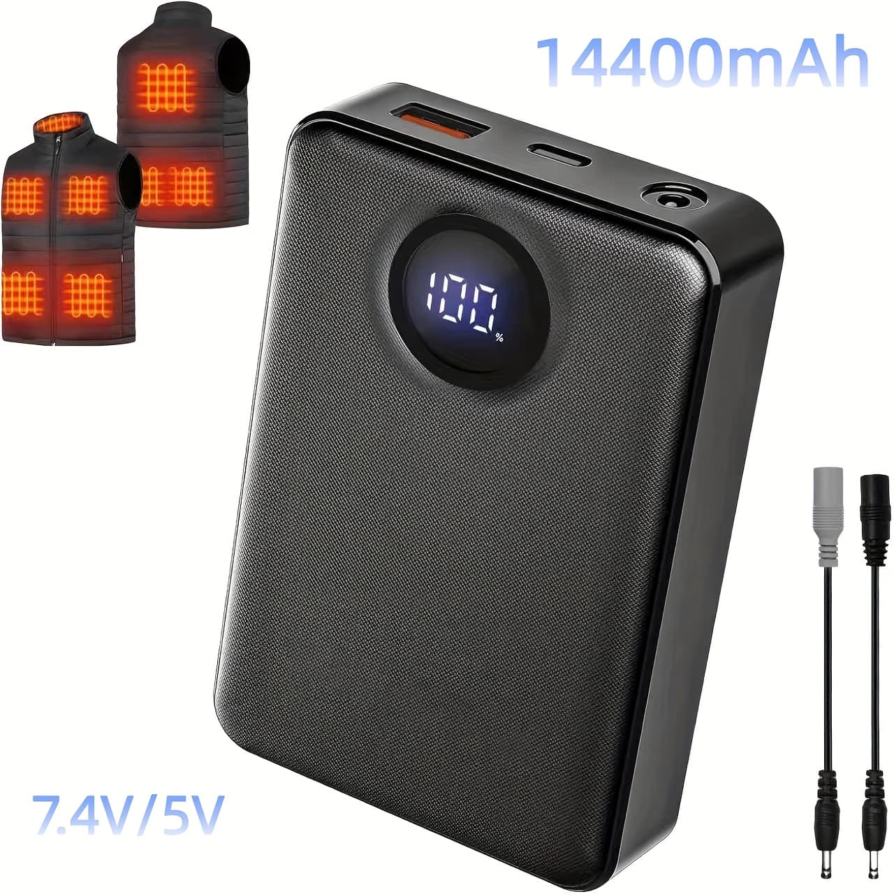 TEMU Battery Pack For Heated Vests, Featuring 7.4v/5v And A Capacity Of 14400mah, With And Usb Output Ports For Quick