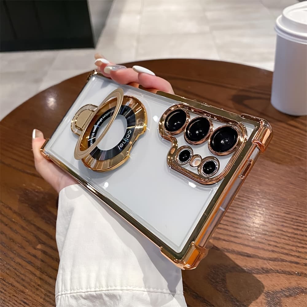 TEMU Phone Case - Suitable For Galaxy S25 S24 S23 S22 S21 S20 A56 A55 A54 Wireless Charging Suction Stand Transparent Phone Case With Lens Film