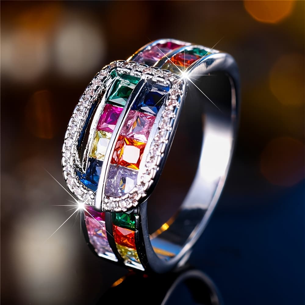 TEMU Angol Fashion Colorful Synthetic Zirconia Belt Ring Is Suitable As A Gift For