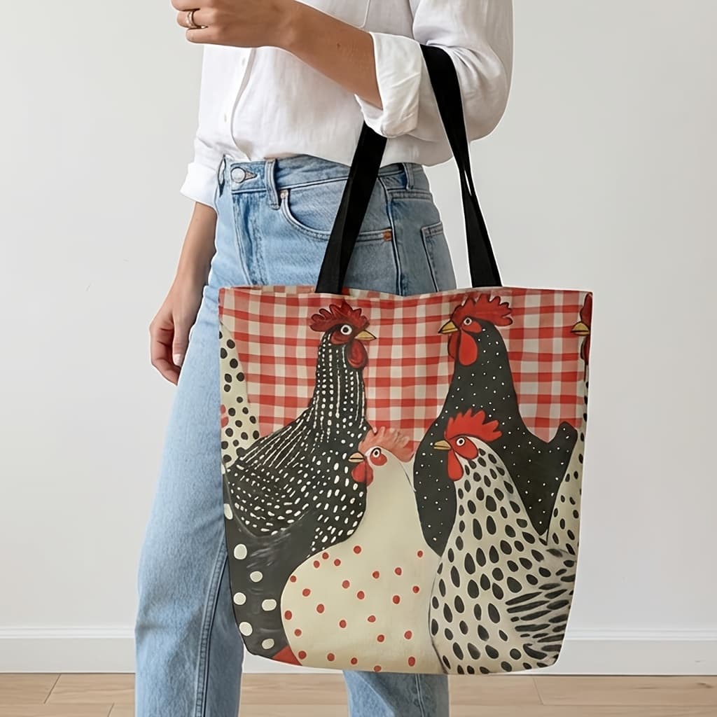 TEMU Colorful Checkered Chicken Pattern Printed Casual Tote Bag, Reusable Fashionable Backpack, Multifunctional Handbag, Printed Shopping Bag Suitable For Beach Commuting And Shopping