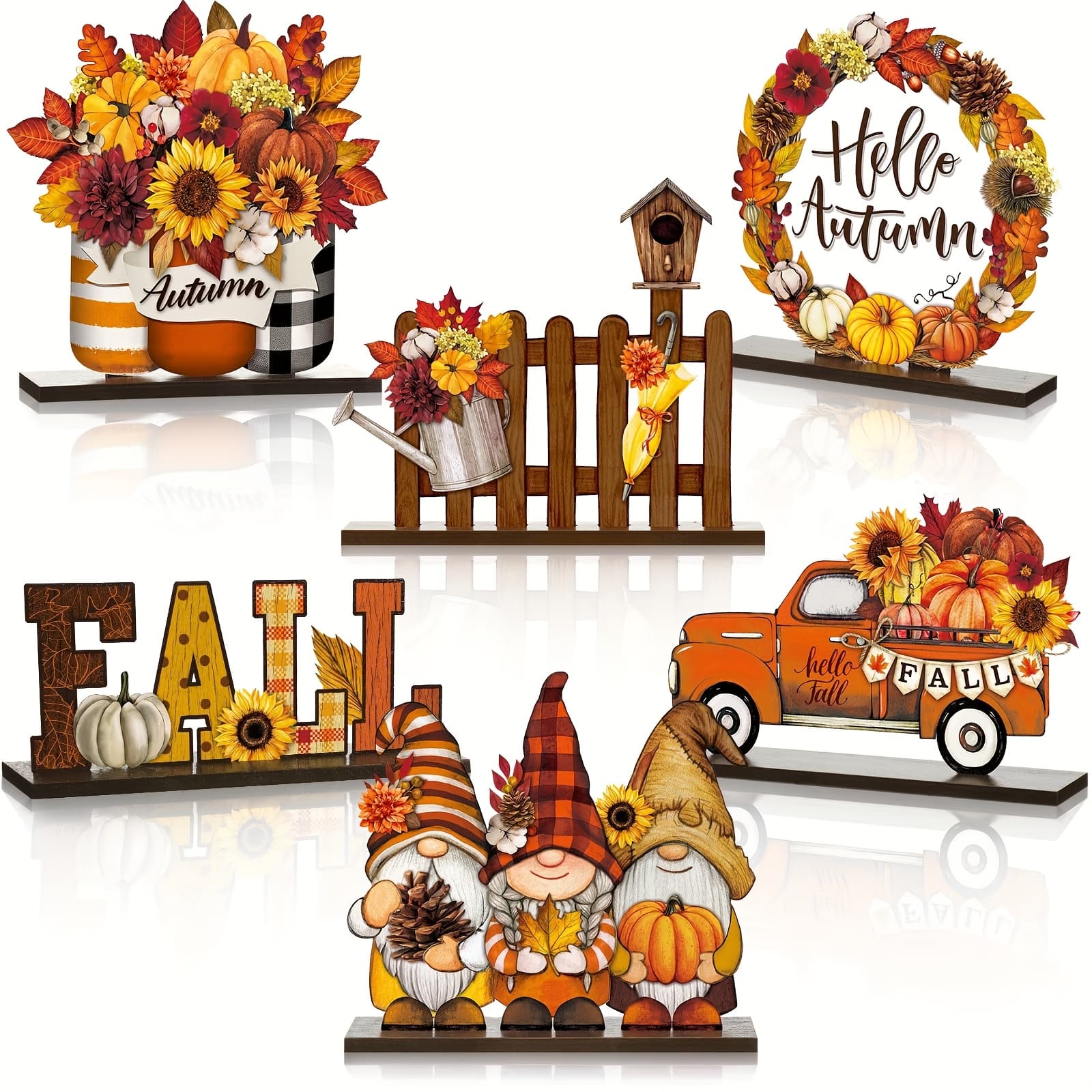 TEMU Wood Product Ornament 6pcs Set, Cute Dwarf Fence, Autumn Slogan, Autumn Thanksgiving Home Decoration, Table Ornament, Party Decoration, Holiday Decoration