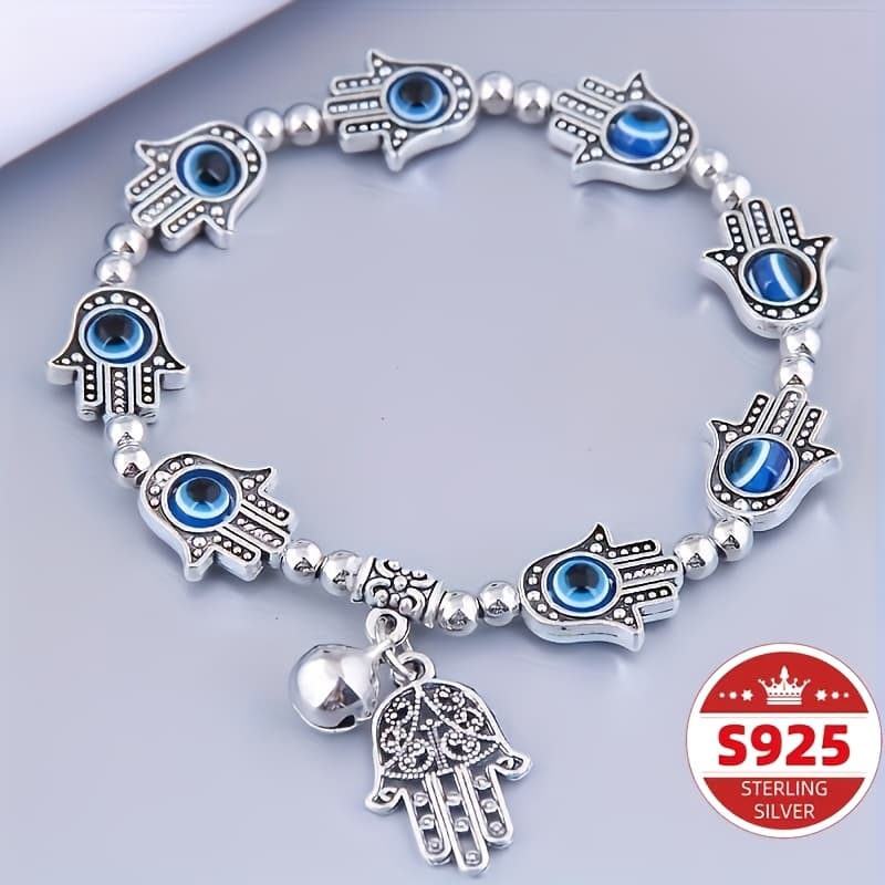 TEMU 1pc S925 Sterling Silver Handmade Evil Eyes Palm For Women's Temperament Bracelet