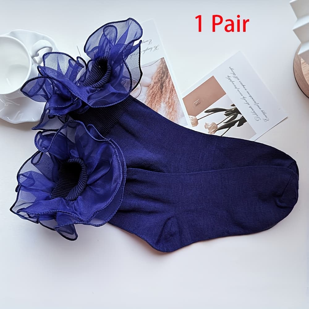 TEMU 1/3 Pairs Women's Organza Large Lace Trim Socks, Princess Lolita Style Lace Dance Socks