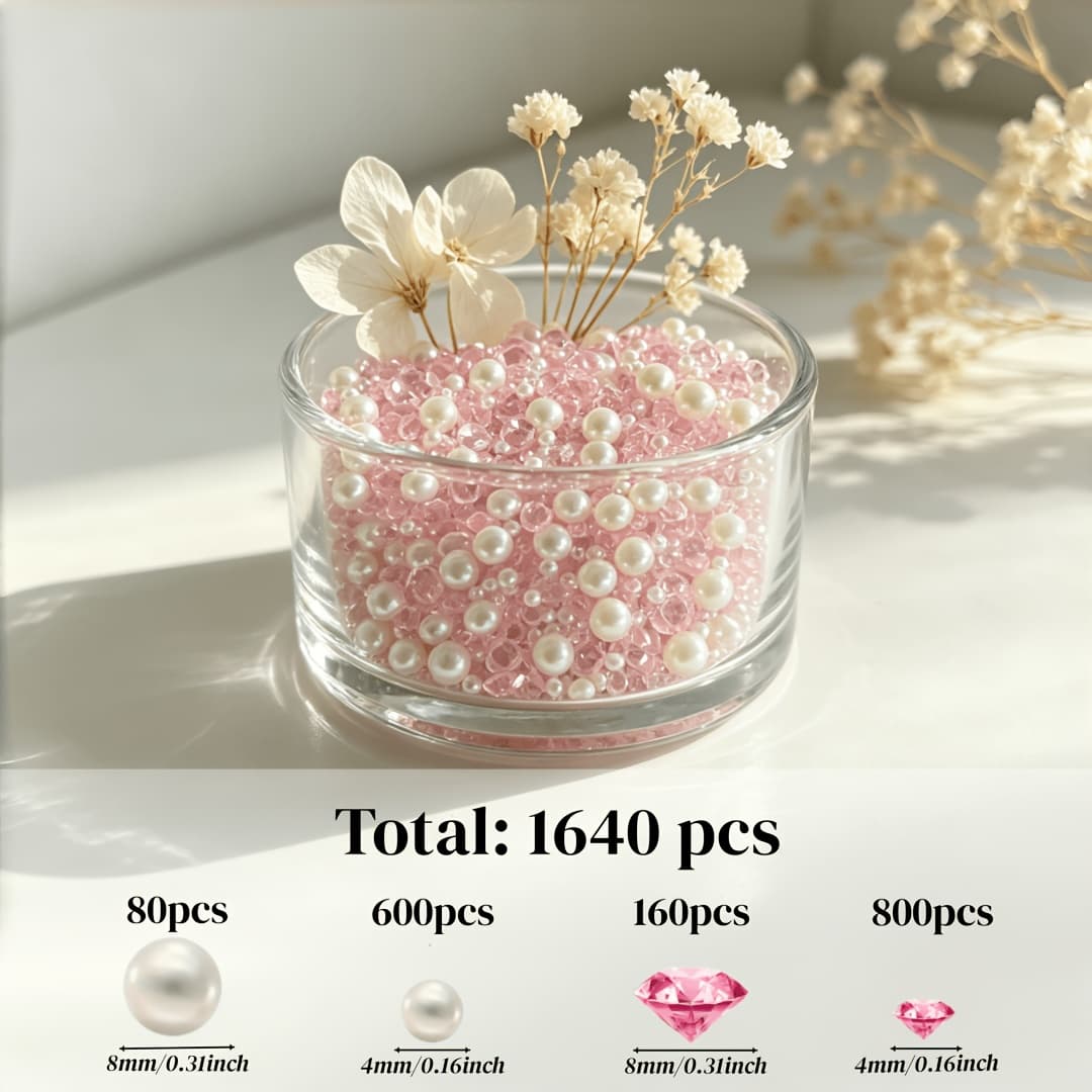 TEMU 1640pcs Pink Vase Filler Beads, 4mm 8mm Mixed And Acrylic Diamonds, For Wedding Centerpieces, Home Table Decor, Floral Arrangements, Party Supplies