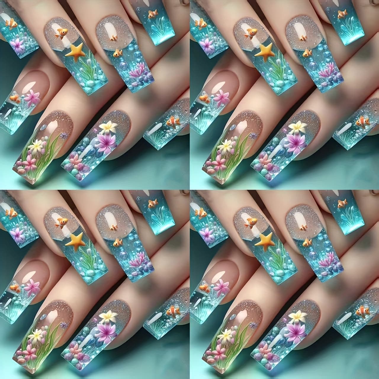 TEMU Square - Shaped Summer Deep - & Fish Fun Detachable False Nails For Women, 96pcs