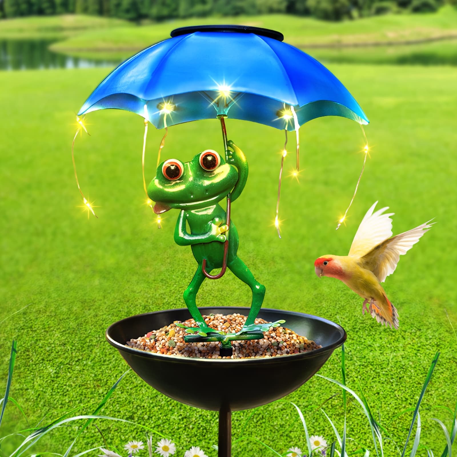 TEMU Garden Decor For Outside Solar Outdoor Lights, Wild Bird Feeder, Iron Frog With Umbrella With Led Lights, Valentines Gifts, Ideal For Patios, Lawns, , Decks